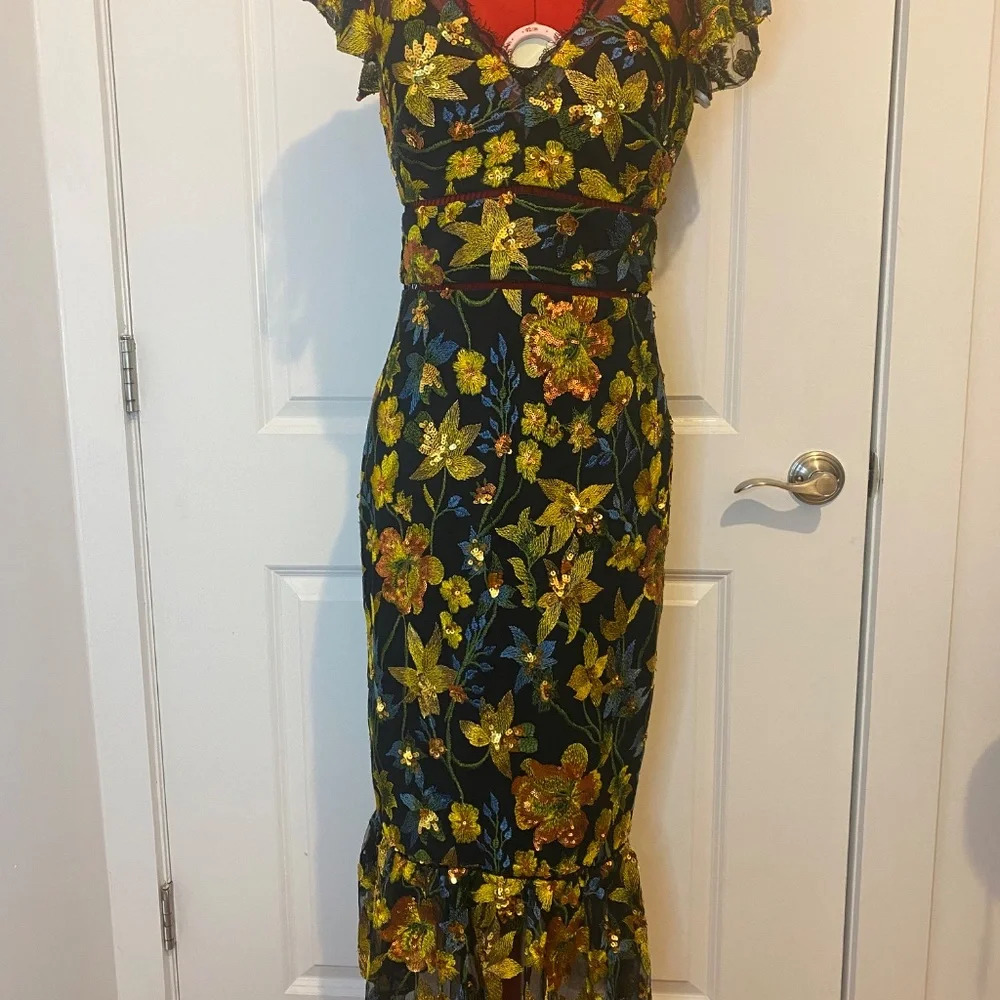 Marchesa Black Floral Embroidered Midi Dress - Picture 3 of 6